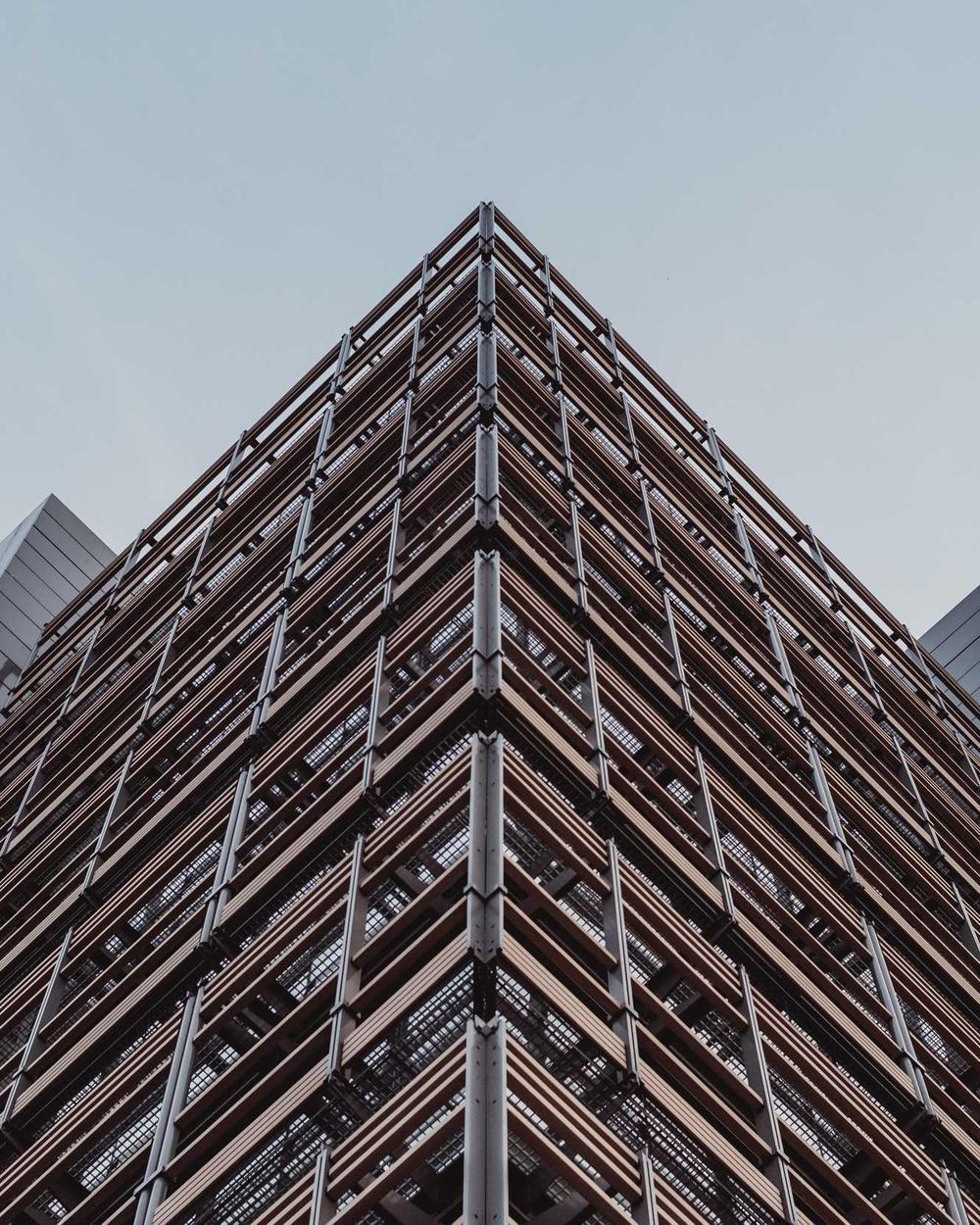 Detail of a modern high rise facade, shot from below